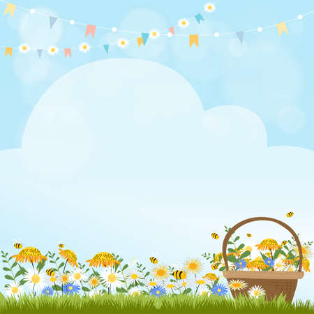 Vector illustraion Spring nature background, blue sky, green grass and chamomiles field. Landscape of Summer fields with sunflowers and daisy against blue sky backgroundのイラスト素材