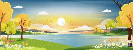 Panorama landscape of spring village with green meadow on hills with blue and orange sky, Vector Summer or Spring landscape, Panoramic countryside by the lake with sunset in evening.のイラスト素材