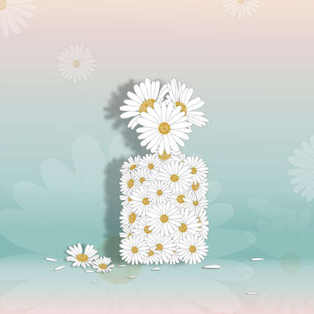 White daisy in perfume shape on pink and green pastel, Blooming spring flowers on blurry background with copy space for message,Greeting card for Valentine's Day,Woman's Day and Mother's Day holidayのイラスト素材