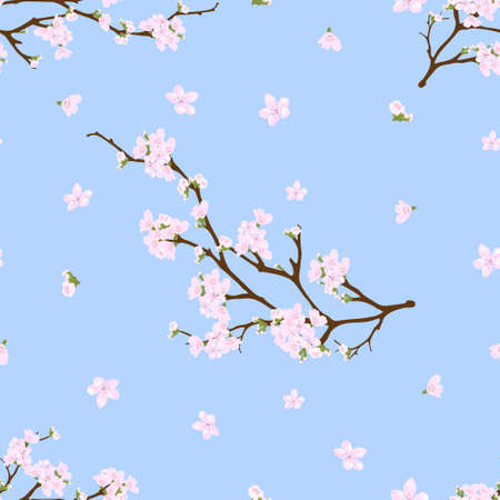 Seamless pattern with blooming sakura branches on blue pastel background, Vector illustration of pink Cherry blossom.のイラスト素材