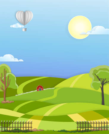 Paper cut of Rural farm landscape with green fields, barn, blue sky and clouds, Vector cartoon Spring or Summer background,Paper art and digital craft styleのイラスト素材
