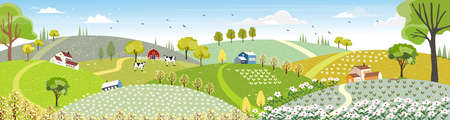 Rural farm landscape with green fields, farm house, barn, animals cow, blue sky and clouds,  Vector cartoon Spring or Summer landscape, Panoramic countryside landscape のイラスト素材