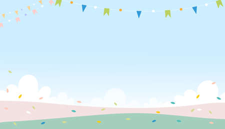 Vector cute cartoon spring background with copysace on green field with leaves falling in pastel colour, Minimal background for Spring or Summer time banner and greeting Card のイラスト素材