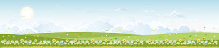 Panorama view of spring village with green meadow on hills with blue sky, Vector Summer or Spring landscape, Panoramic countryside landscape green field with grass flowers on mountains.のイラスト素材