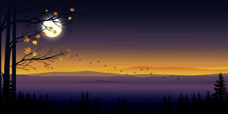 Panoramic mountain landscape with silhouettes misty pine trees in forest with full moon, Peaceful panoramic natural in minimalist style, Evening light natural for holiday season background conceptのイラスト素材