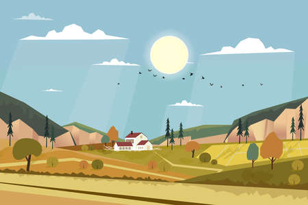 Spring landscape in Sunny day village with meadow on hills with blue sky, Panoramic rural nature in countryside with green field,farmhouse and mountains, Vector Summer or Spring nature backgroundのイラスト素材