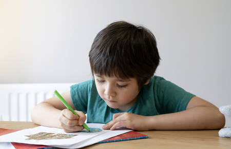 Portrait school kid siting on table colouring the house and globe, for world environment day,Boy drawing on white paper on  the table, Elementary school and home schooling, Distance Education concept の写真素材