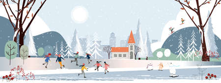 Panorama Winter landscape, Christmas and new year 2021 celebrated in the city,Vector of horizontal banner winter wonderland in the town polar bear,kids playing on snow and teenager skiing in the park の写真素材