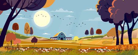 Vector Autumn landscape in countryside with harvest field and framhouse on hills, Rural nature in Fall season at village with orange field on mountains in sunny with blue sky, Mid autumn backgroundのイラスト素材