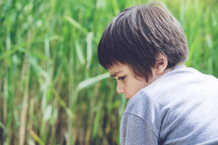 Candid shot rear view kid sitting alone with blurry grass fields, Head short Child  looking down with curious face, Little oby having adventure in nature reserve in spring or summerの写真素材