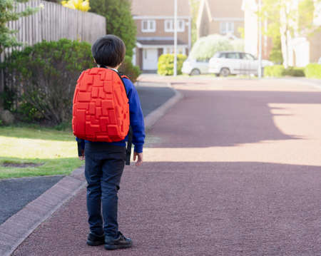 Rear view portrait of Cheerful Child carrying school backpack walking for bus, School kid wearing...