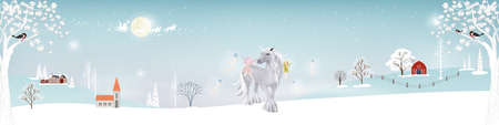 Winter landscape farm field in village,Fantasy cute cartoon of fairies flying and playing with white unicorn, Christmas night,Vector illustration banner for Merry Christmas and New year backgroundのイラスト素材