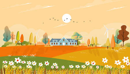 Autumn landscaps with fram house and grass land on hills, Natural foliage background in fall seson with beatiful panoramic countryside in sunny day morning.のイラスト素材