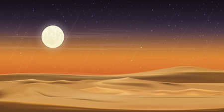 Desert landscape with sand dunes, full moon and shining stars and comet falling over sand dunes in dark night,vector illusion Minimalist panoramic realistic cartoon of nature, sand with the moon.のイラスト素材