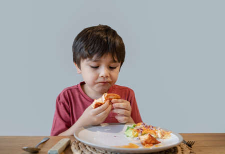 School kid eating salmon steak and mixed vegetables salad for his meal, Happy child having healthy lunch or dinnerat home, Cute boy eating organic carrot, sweet bell and Chinese cabbageの写真素材