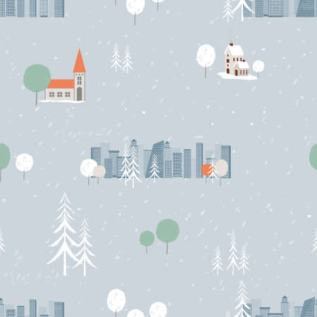 Seamless cityscape in Christmas Eve with snow falling,Endless pattern winter landscape at downtown in cold day, Vector flat design winter house, tree and snow for New year or Christmas wrapping.のイラスト素材