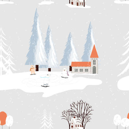 Seamless small village in Christmas Eve with polar bear playing ice skate in park,Endless pattern winter landscape at downtown with snow falling,Vector pattern for New year, Merry Christmas backgroundのイラスト素材