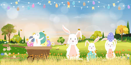 Spring field with bunny hunting Easter eggs,Vector Cute cartoon rabbits and hunny bees flying in grass field. Spring or Summer time banner with copy space for easter greeting card backgroundのイラスト素材