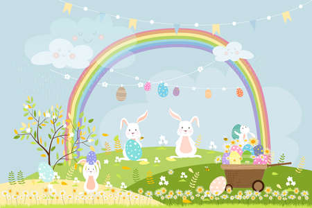 Spring field with rainbow, bunny hunting Easter eggs,Vector Cute cartoon rabbits playing in green grass field. Spring or Summer time banner with copy space for easter greeting card backgroundのイラスト素材