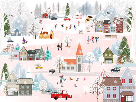 Winter landscape at night with people having fun doing outdoor activities on new year,Christmas day in village with people celebration, kid playing ice skates, teenagers skiing with snow fallingのイラスト素材