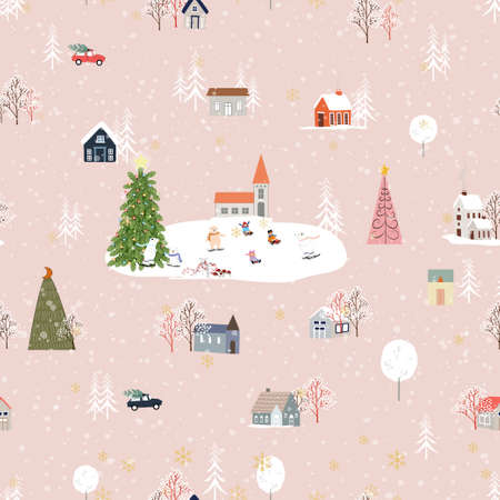 Seamless pattern Cute Christmas landscape in the town with fairy tale houses,car,polar bear playing ice skates and Christmas trees,Vector Panorama flat design in village on Christmas eveのイラスト素材