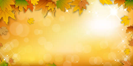 Autumn background with bokeh effect,Maple leaves in orange and red leaves on blurry bokeh background, Fall season concept with maple foliage on defocused sunlight effect with copy spaceのイラスト素材