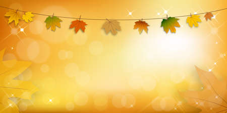 Autumn leaves hanging on a string with bokeh effect,Maple leaves in orange and red leaves on blurry bokeh background,Fall season concept with maple foliage on defocused sunlight effect with copy spaceのイラスト素材
