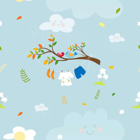 Seamaless spring nature with kids cloth hanging on string in rainy day and Birds standing on branch tree,Vector Cute pattern cartoon of Spring field on blue background, Spring or Summer time conceptのイラスト素材