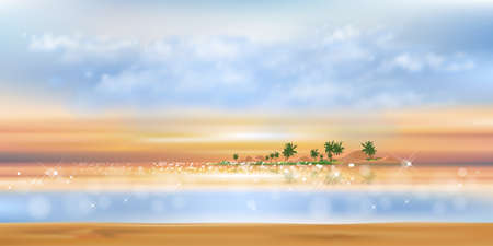 Tropical seascape sunset with blue ocean, coconut palm tree on island,Sea beach landscape with orange, yellow and blue sky,Vector  nature of landscape seaside in morning for Summer backgroundのイラスト素材