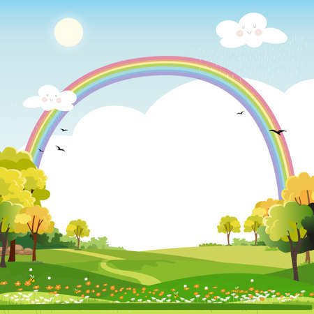 Spring landscape with rainbow,blue sky and clouds with raining,green fields with copy space,fresh and peaceful rural nature in spring or summertime with grass land.Cartoon vector illustration for kidsのイラスト素材