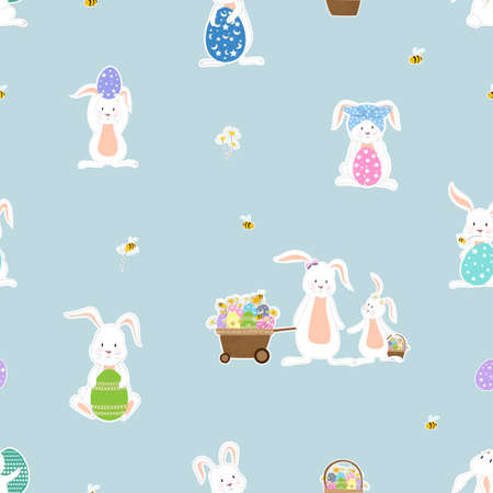 Seamless cute set of Easter stickers, rabbit, egg, flower, basket, bee and cart on blue background, Vector pattern cartoon flat style hand drawn doodle of Happy Easter bunnies collection for Childrenのイラスト素材