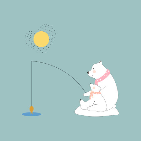 Cute Polar bear Mommy and child fishing together with smiling face,Family bear Dad and cub catching fish in sunny day in sunny day,Greeting card for Baby shower, kid birthday,Mother day or Father dayのイラスト素材
