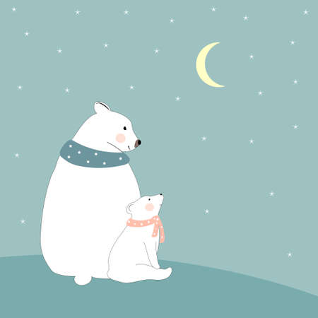 Cute Polar bear Mommy and child looking at crescent moon and star,Happy family Dad bear and cub siting together,Greeting card for Baby shower, kid birthday,Mother day or Father dayのイラスト素材