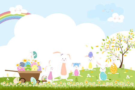 Spring field with bunny hunting Easter eggs,Vector Cute cartoon rabbits playing in green grass field with rainbow and raining,Spring, Summer banner with copy space for easter greeting card backgroundのイラスト素材