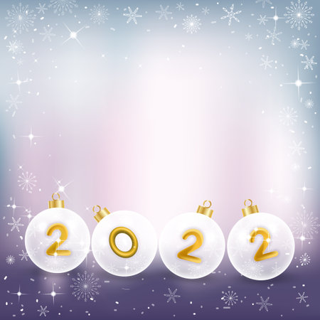 Vector 2022 on Chritsmas balls with snowflakes frame, Elegant Christmas or New year background with snowflakes and copy space for text.のイラスト素材