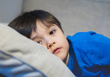 Cute kid lying on sofa looking at camera with smiling face,Happy child boy relaxing at home watching TV during cold weather outside in Autumn or Winter. Indoors activities for kids during bad weatherの写真素材