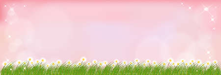 Spring background with blurry bokeh light effect on pik background, Natural landscape with cute tiny daisy flowers and green grass fields, Vector illustration Holizontal for Easter bannerのイラスト素材