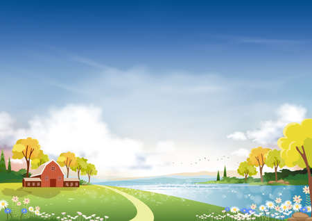 Panorama landscape of spring village with green meadow on hills with blue sky, Vector Summer or Spring landscape, Panoramic countryside of green field with farmhouse, barn and grass flowersのイラスト素材