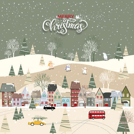 Cute Winter wonderland lanscape in the town with  houses,polar bear playing ice skates, trees and cars, Panorama flat design in winter city life in holiday eve, Christmas and new year backgroundのイラスト素材