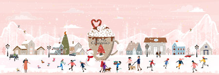 Winter landscape on a Christmas eve or New year celebrated in the city, Vector of a horizontal banner winter wonderland in the town with happy people playing ice skatting in the parkのイラスト素材