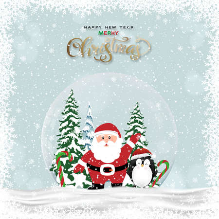 Merry Christmas gift snow globe with santa claus, penguin inside on snow in grey background,Winter wonderland scenery with Glass snow ball 3d design with bokeh for New year 2022のイラスト素材