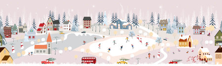 Seamless pattern Winter landscape,Celebrating Christmas and new Year 2022  in village at night with happy people playing ice skate in the park,Vector horizontal banner winter wonderland in countrysideのイラスト素材