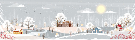 Winter landscape in village at night in countryside background,Vector horizontal banner winter wonderland with house on hills and forest pine tree, Backdrop for Celebrating Christmas and New Year 2022のイラスト素材