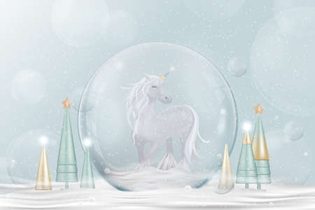 Happy New Year 2022 and Merry Christmas background.Xmas Snowball with Unicorn,conical tree on snow,Glass snow globe 3d design.Festive Christmas elements.Holiday poster,greeting card, flyerのイラスト素材
