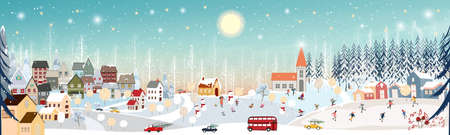 Winter landscape, Celebrating Christmas and new Year 2022 in village at night with happy polar bear playing playing ice skates in the park,Vector of horizontal banner winter wonderland in countrysideのイラスト素材