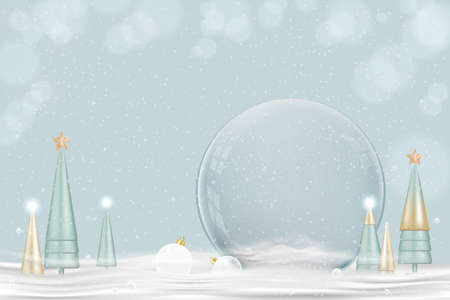 Happy New Year and Merry Christmas background. Xmas Snowball with conical tree on snow,Glass snow globe 3d design. Festive Christmas elements.Holiday poster,greeting card, flyer with copy spaceのイラスト素材