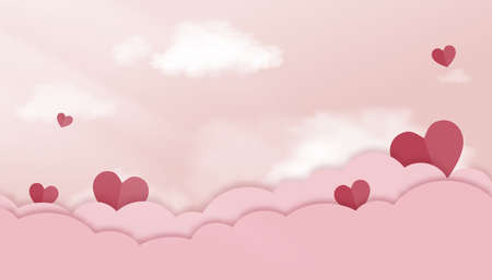 Happy valentines day greeting background in papercut style with fluffy clouds and red heart flying, Pink banner backdrop party invitation template with copy space words textのイラスト素材