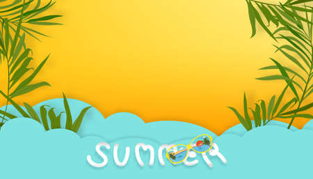 Flat lay of green coconut palm branches over yellow background with paper cut and craft tropical beach with copy space. Top view backdrop with wide composition concept for Summer vacation, Travel,fashion, Saleのイラスト素材