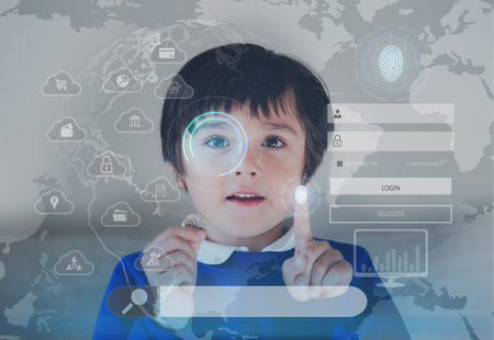 Kid Boy using Fingerprint Login on Internet for Data Information Networking,Double exposure of world Map with blank Search Browsing Bar,Concept for Money,Stock Market Investment Fund and Digital Assetの写真素材