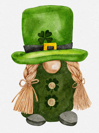 St Patrick day leprechaun with four leaves clovers, Greeting card a gnomes with shamrock a luck symbols. illustration Watercolour green Scandinavian Dwarfs collection in Celtic, Irish styleの写真素材